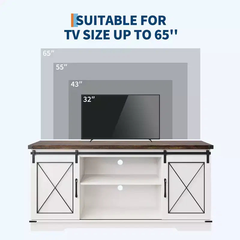 Meuble TV style ferme de 65 pouces avec portes coulissantes façon grange, centre de divertissement et console média pour salon ou chambre à coucher