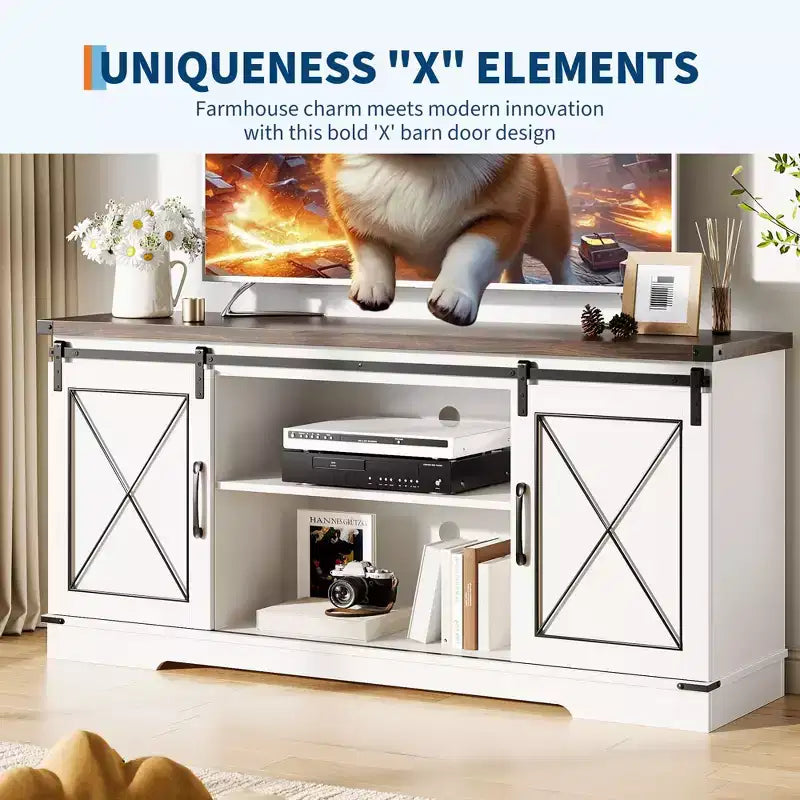 Meuble TV style ferme de 65 pouces avec portes coulissantes façon grange, centre de divertissement et console média pour salon ou chambre à coucher