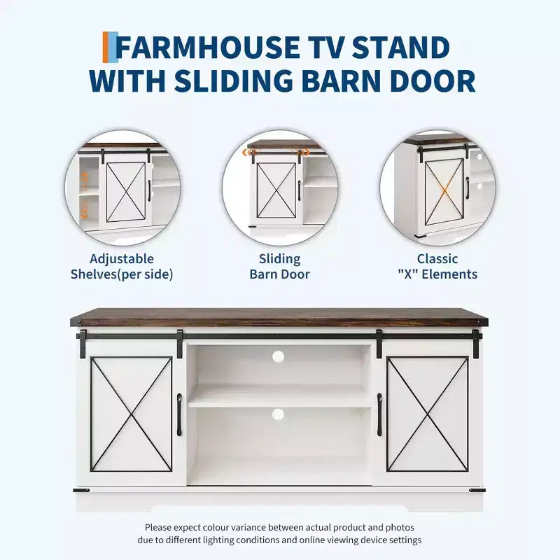 Meuble TV style ferme de 65 pouces avec portes coulissantes façon grange, centre de divertissement et console média pour salon ou chambre à coucher