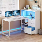 Balconera 55in L Shaped Desk Office Desk with 3 Drawers & Power Outlets LED Corner Gaming Computer Table with Adjustable Shelf