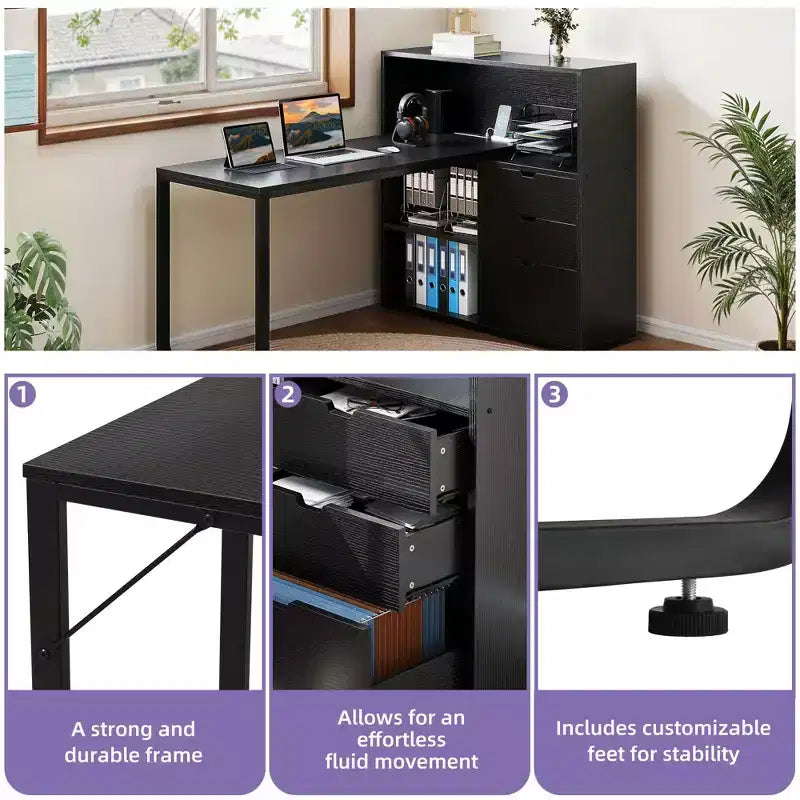 Bureau d'angle en forme de L Balconera de 140 cm avec 3 tiroirs et prises de courant, table d'ordinateur de jeu d'angle à LED avec étagère réglable