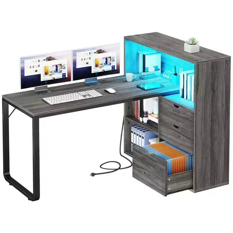 Bureau d'angle en forme de L Balconera de 140 cm avec 3 tiroirs et prises de courant, table d'ordinateur de jeu d'angle à LED avec étagère réglable