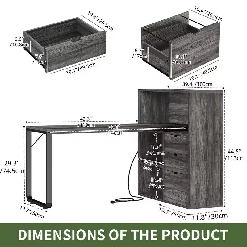 Bureau d'angle en forme de L Balconera de 140 cm avec 3 tiroirs et prises de courant, table d'ordinateur de jeu d'angle à LED avec étagère réglable