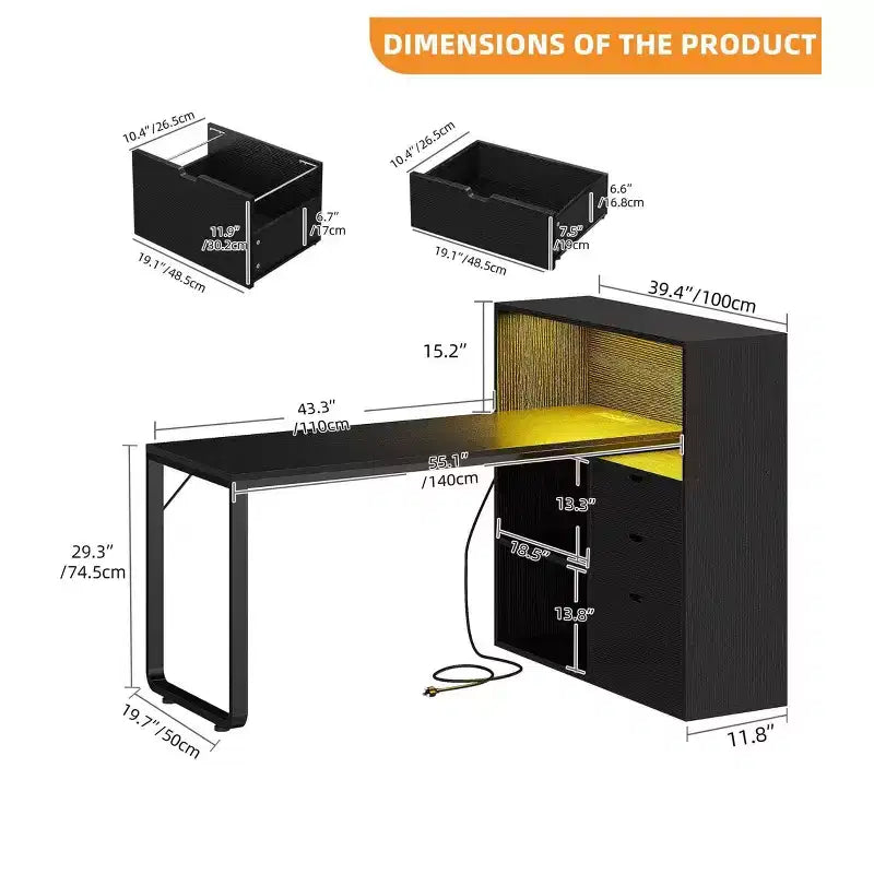 Bureau d'angle en forme de L Balconera de 140 cm avec 3 tiroirs et prises de courant, table d'ordinateur de jeu d'angle à LED avec étagère réglable