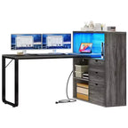 Bureau d'angle en forme de L Balconera de 140 cm avec 3 tiroirs et prises de courant, table d'ordinateur de jeu d'angle à LED avec étagère réglable