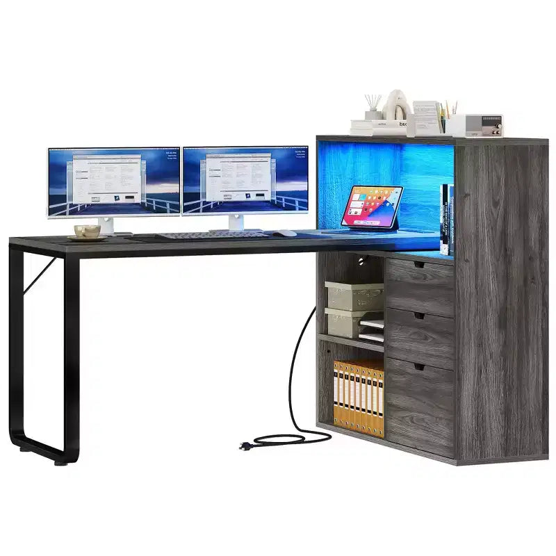 Bureau d'angle en forme de L Balconera de 140 cm avec 3 tiroirs et prises de courant, table d'ordinateur de jeu d'angle à LED avec étagère réglable