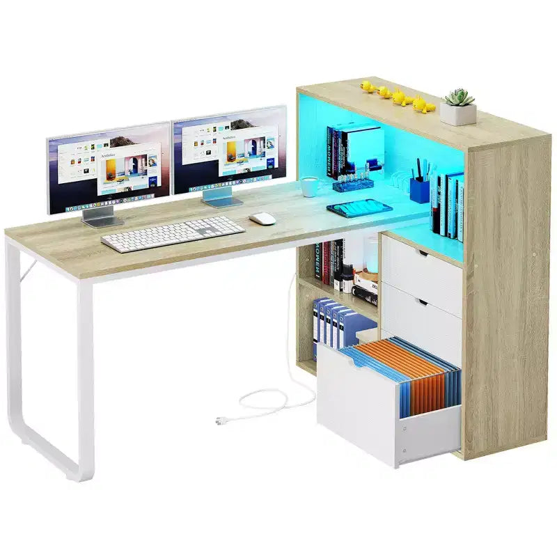 Bureau d'angle en forme de L Balconera de 140 cm avec 3 tiroirs et prises de courant, table d'ordinateur de jeu d'angle à LED avec étagère réglable