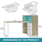 Bureau d'angle en forme de L Balconera de 140 cm avec 3 tiroirs et prises de courant, table d'ordinateur de jeu d'angle à LED avec étagère réglable
