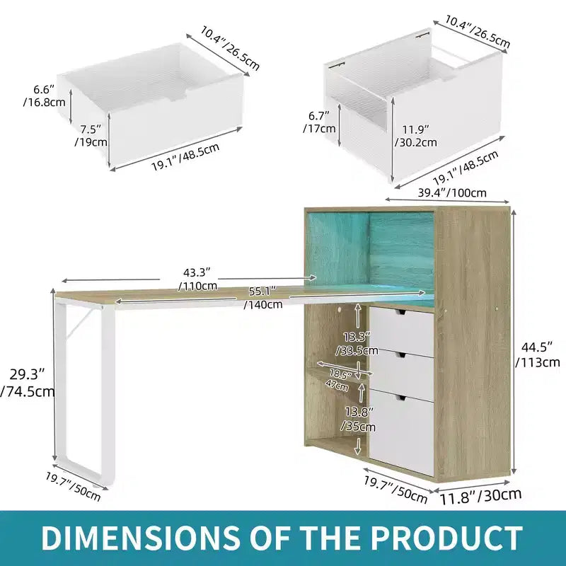 Bureau d'angle en forme de L Balconera de 140 cm avec 3 tiroirs et prises de courant, table d'ordinateur de jeu d'angle à LED avec étagère réglable