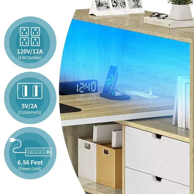 Bureau d'angle en forme de L Balconera de 140 cm avec 3 tiroirs et prises de courant, table d'ordinateur de jeu d'angle à LED avec étagère réglable