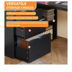 Bureau d'angle en forme de L Balconera de 140 cm avec 3 tiroirs et prises de courant, table d'ordinateur de jeu d'angle à LED avec étagère réglable