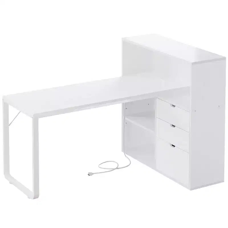 Bureau d'angle en forme de L Balconera de 140 cm avec 3 tiroirs et prises de courant, table d'ordinateur de jeu d'angle à LED avec étagère réglable