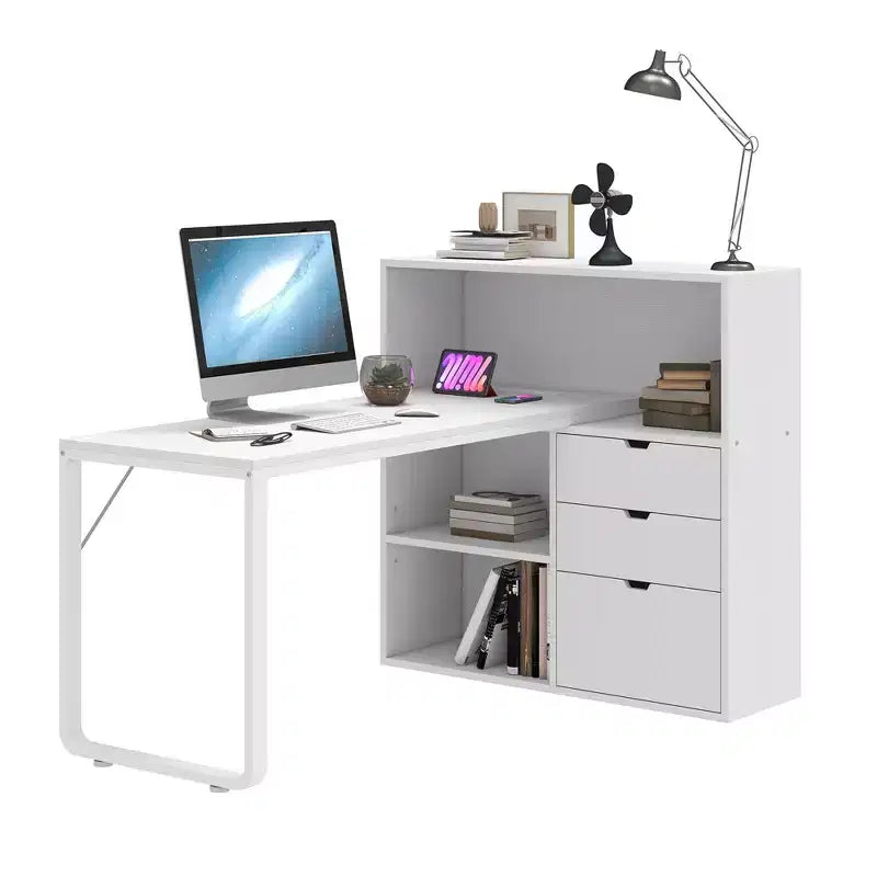 Bureau d'angle en forme de L Balconera de 140 cm avec 3 tiroirs et prises de courant, table d'ordinateur de jeu d'angle à LED avec étagère réglable