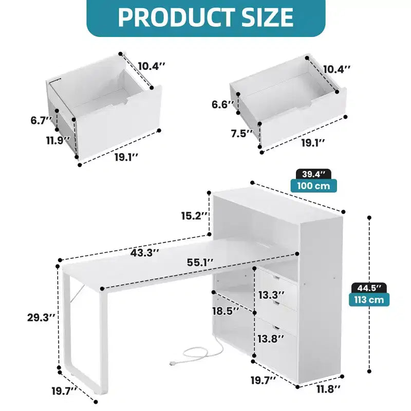 Bureau d'angle en forme de L Balconera de 140 cm avec 3 tiroirs et prises de courant, table d'ordinateur de jeu d'angle à LED avec étagère réglable