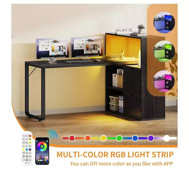 Bureau d'angle en forme de L Balconera de 140 cm avec 3 tiroirs et prises de courant, table d'ordinateur de jeu d'angle à LED avec étagère réglable