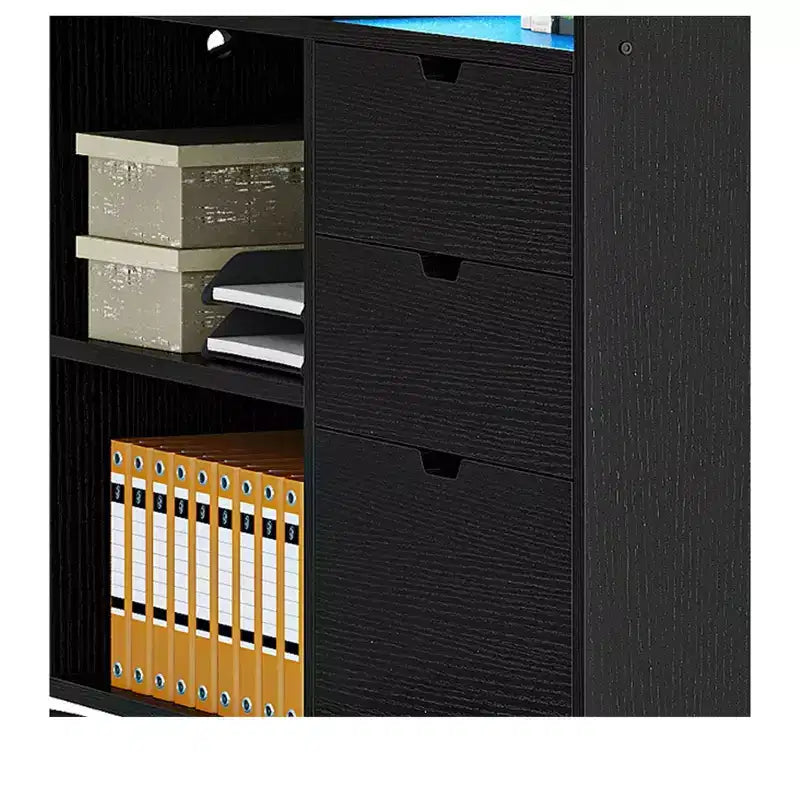 Bureau d'angle en forme de L Balconera de 140 cm avec 3 tiroirs et prises de courant, table d'ordinateur de jeu d'angle à LED avec étagère réglable