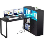 Bureau d'angle en forme de L Balconera de 140 cm avec 3 tiroirs et prises de courant, table d'ordinateur de jeu d'angle à LED avec étagère réglable