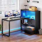 Bureau d'angle en forme de L Balconera de 140 cm avec 3 tiroirs et prises de courant, table d'ordinateur de jeu d'angle à LED avec étagère réglable