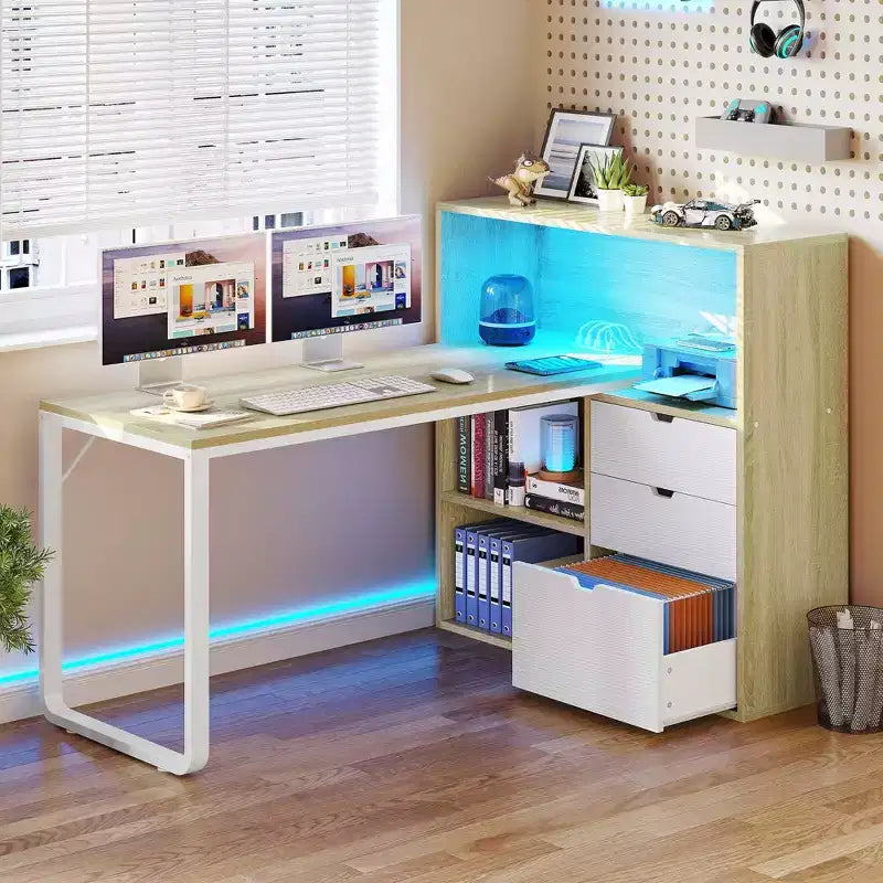 Bureau d'angle en forme de L Balconera de 140 cm avec 3 tiroirs et prises de courant, table d'ordinateur de jeu d'angle à LED avec étagère réglable