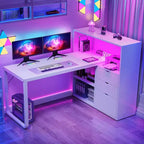 Bureau d'angle en forme de L Balconera de 140 cm avec 3 tiroirs et prises de courant, table d'ordinateur de jeu d'angle à LED avec étagère réglable