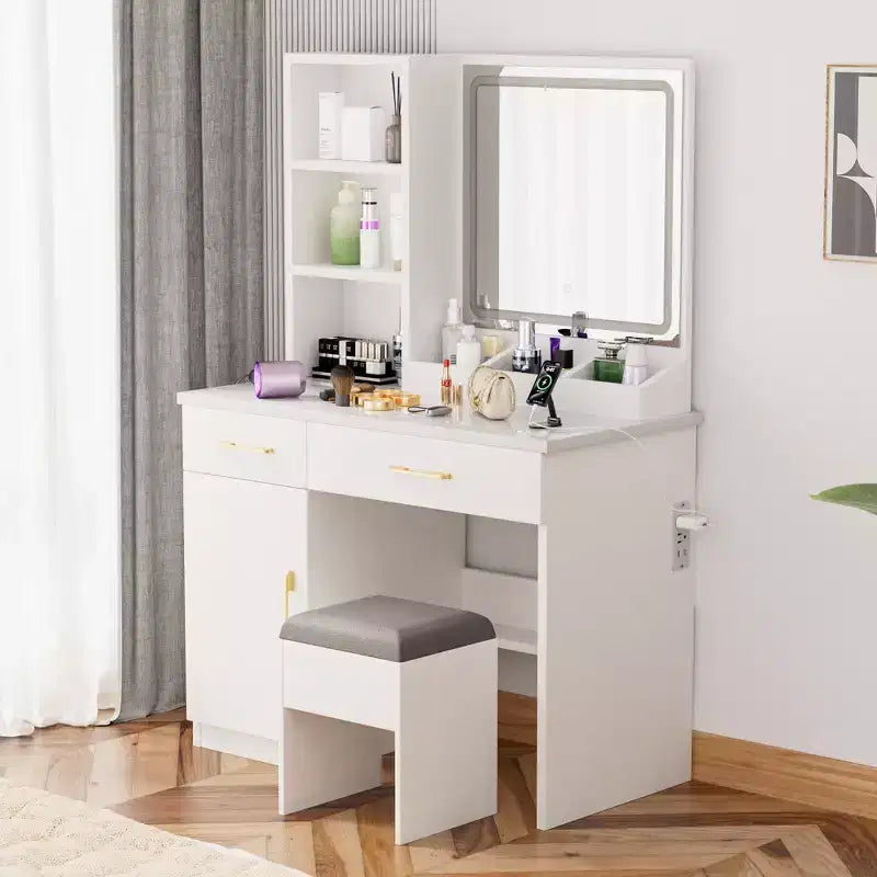 Okak 32IN Coiffeuse avec Grand Espace de Rangement, Coiffeuse avec Tabouret Rembourré et Miroir, Coiffeuse Compacte pour Chambre, Studio, Blanc