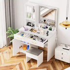Okak 32IN Coiffeuse avec Grand Espace de Rangement, Coiffeuse avec Tabouret Rembourré et Miroir, Coiffeuse Compacte pour Chambre, Studio, Blanc