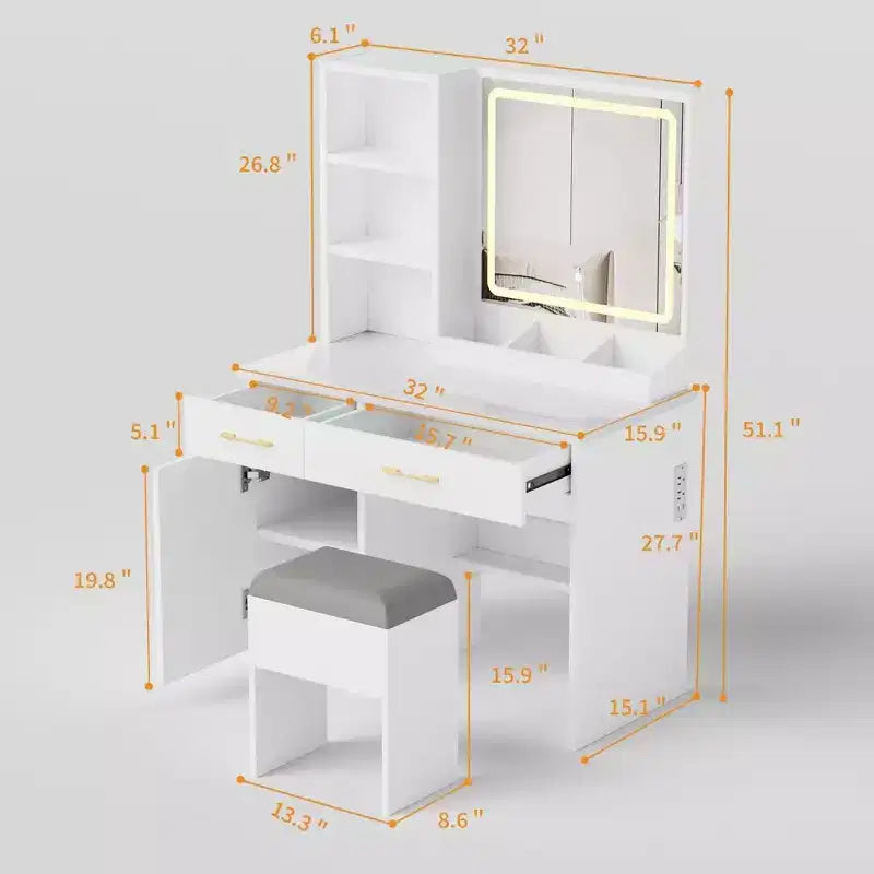 Okak 32IN Coiffeuse avec Grand Espace de Rangement, Coiffeuse avec Tabouret Rembourré et Miroir, Coiffeuse Compacte pour Chambre, Studio, Blanc