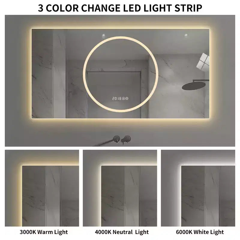 Miroir de salle de bain LED anti-buée GDFStudio Mirae 48, moderne, à bords droits, avec 3 options de couleur