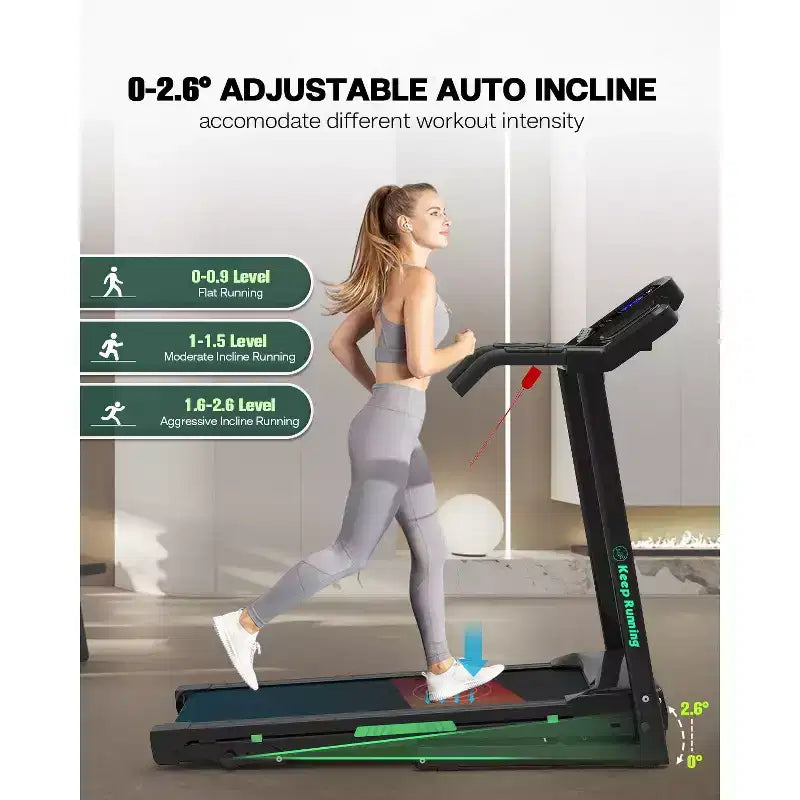 Folding Treadmill with Incline & App - Electric Running Machine for Home, Handrail Speed Controls & Built-In Pulse Monitor, Compact Design