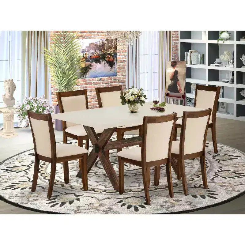 HomeStock 7-Piece Distressed Jacobean Finish Solid Wood Top Dining Table with 6-Chairs