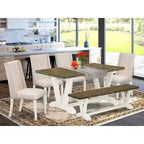 HomeStock Table de salle à manger rectangulaire 6 pièces en bois massif finition jacobéen vieilli avec 1 banc et 4 chaises