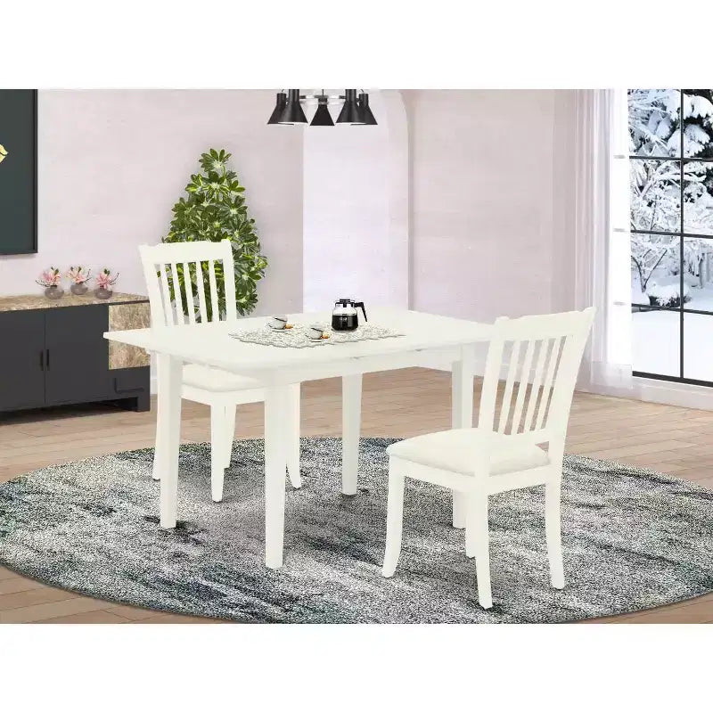Ensemble de salle à manger 3 pièces HomeStock avec plateau rectangulaire en bois massif, finition blanc lin et rallonge papillon