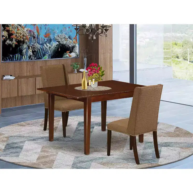 Ensemble de salle à manger 3 pièces HomeStock avec plateau rectangulaire en bois massif finition acajou et rallonge papillon