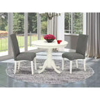 Ensemble de salle à manger rond 36 pouces - Table 3 pièces et 2 chaises Parsons - Pieds blancs lin - Tissu gris