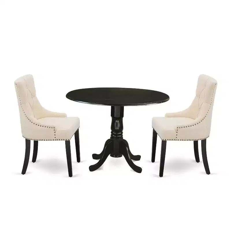 HomeStock 3-Piece Round Black Finish Solid Wood Top Dining Table with 2-Parson Chairs with Drop Leaf