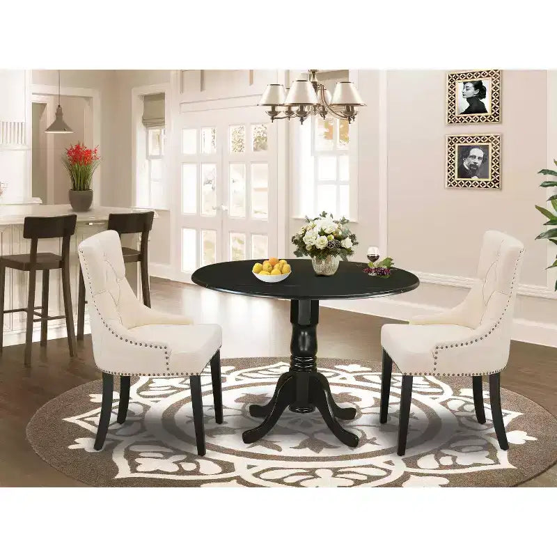 HomeStock 3-Piece Round Black Finish Solid Wood Top Dining Table with 2-Parson Chairs with Drop Leaf