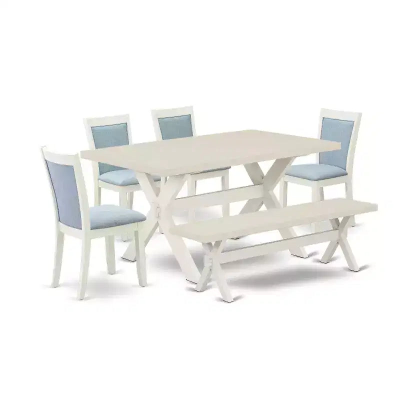 HomeStock 6-Piece Rectangle Wire Brushed Linen White Finish Solid Wood Top Dining Table with 1-Bench, 4-Chairs