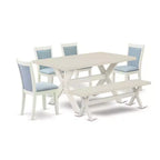 HomeStock 6-Piece Rectangle Wire Brushed Linen White Finish Solid Wood Top Dining Table with 1-Bench, 4-Chairs