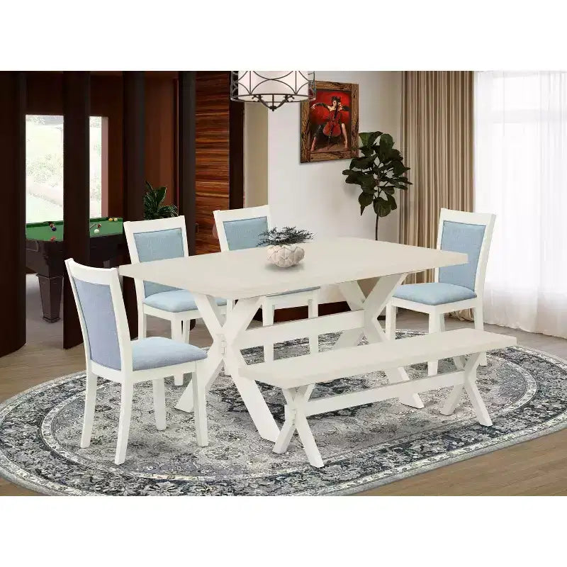 HomeStock Table de salle à manger 6 pièces rectangulaire en bois massif brossé blanc lin avec 1 banc et 4 chaises