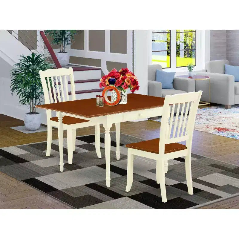 Ensemble de salle à manger 3 pièces HomeStock en bois massif finition cerisier et crème avec table à rallonges