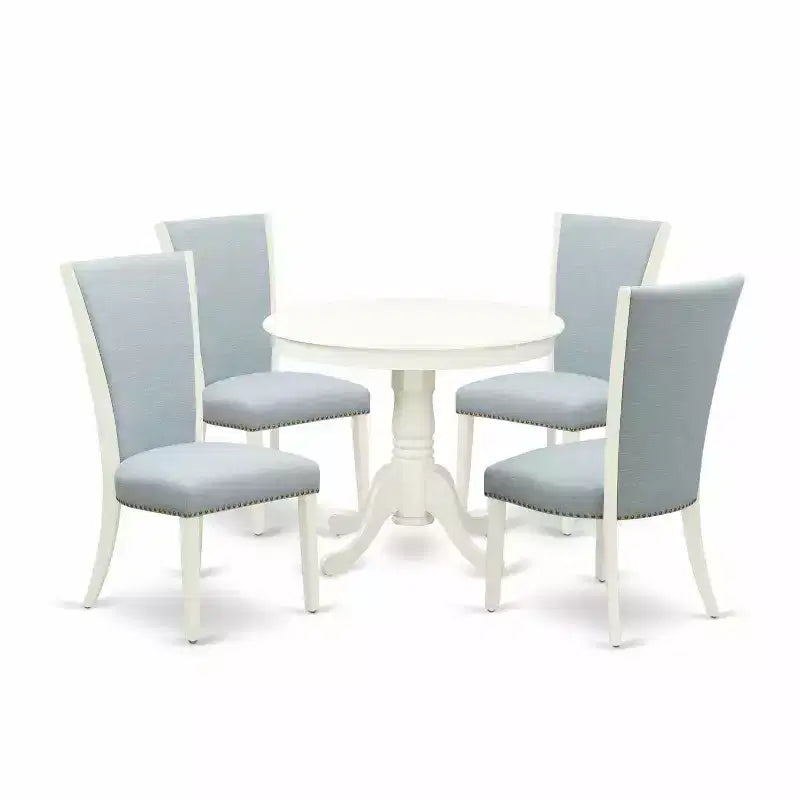 HomeStock 5-Piece Round Linen White Finish Solid Wood Top Dining table with 4 Chairs
