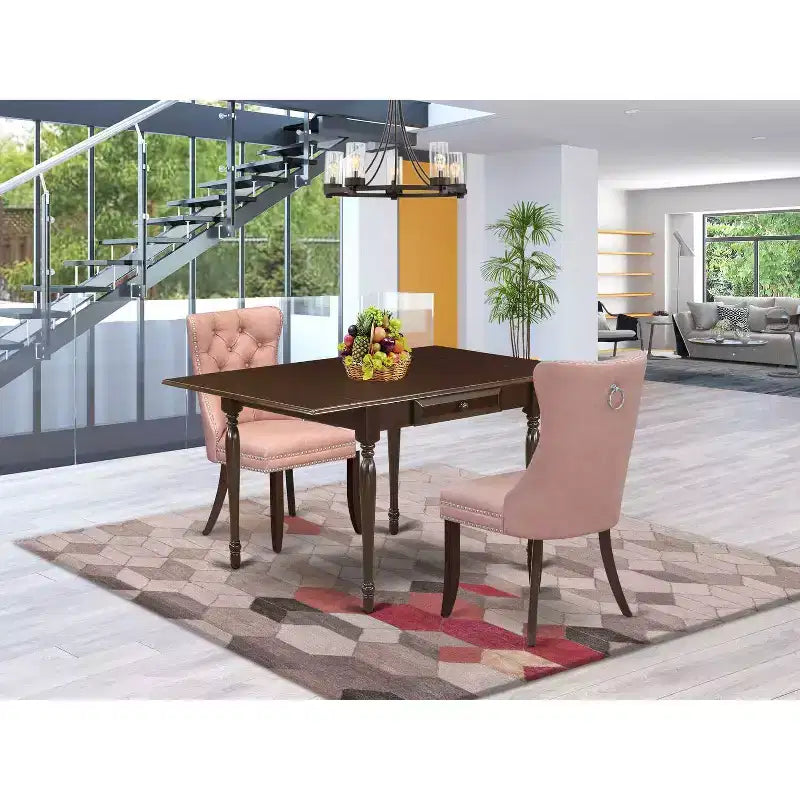 HomeStock 3-Pc Mahogany Finish Rectangular Solid Wood Top with Dropleaf Dining Table Set