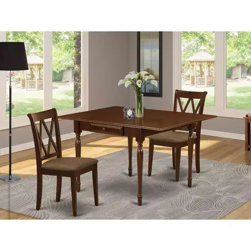 HomeStock 3-Piece Mahogany Finish Solid Wood Top With Dropleaf Dining Table Set