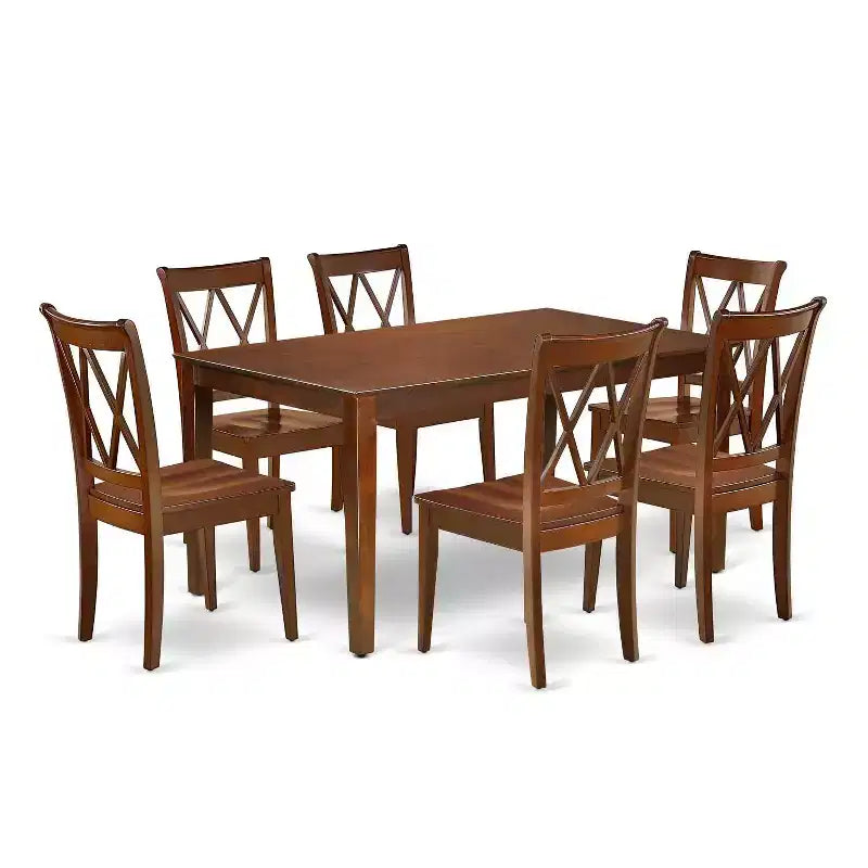 HomeStock 7-Piece Rectangle Mahogany Finish Solid Wood Top Dining Table with 6 Chairs with Cross Back