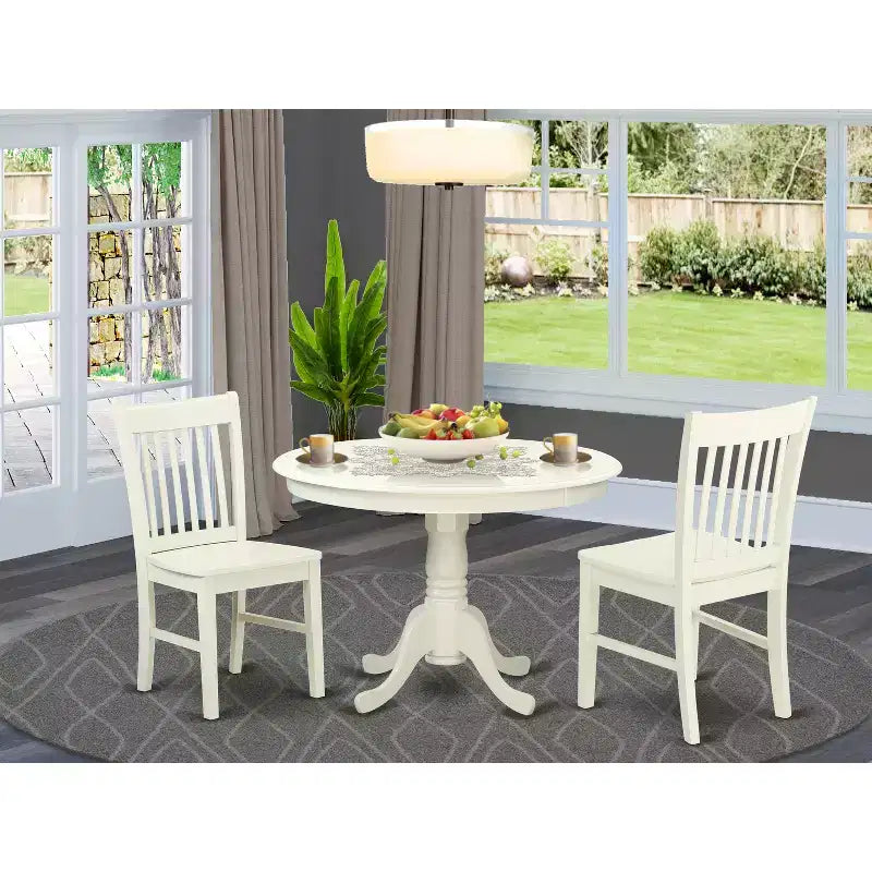 Ensemble de salle à manger pour petits espaces - Table et chaises rondes 3 pièces - Blanc lin - Accents antiques