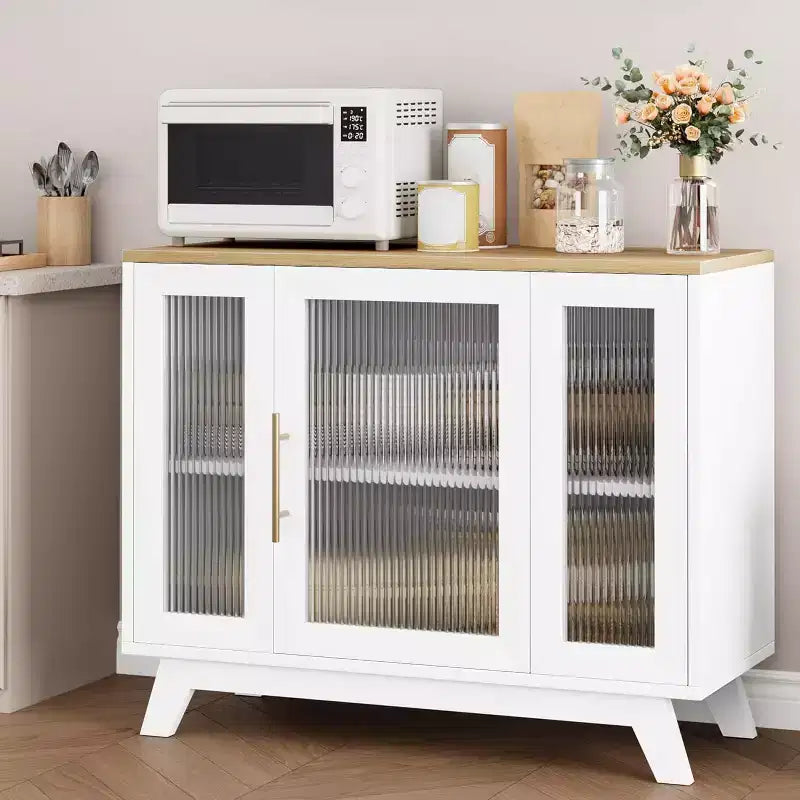 Acekool 35.8 Buffet de salle à manger blanc pur, portes en verre cannelé, poignées dorées, étagère réglable, console pour cuisine et salon