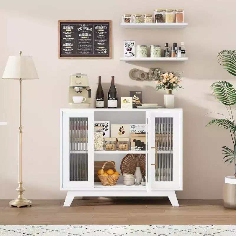 Acekool 35.8 Buffet de salle à manger blanc pur, portes en verre cannelé, poignées dorées, étagère réglable, console pour cuisine et salon