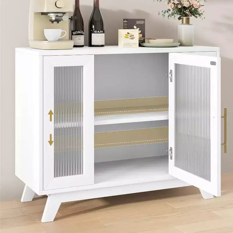 Acekool 35.8 Buffet de salle à manger blanc pur, portes en verre cannelé, poignées dorées, étagère réglable, console pour cuisine et salon