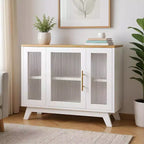 Acekool 35.8 Buffet de salle à manger blanc pur, portes en verre cannelé, poignées dorées, étagère réglable, console pour cuisine et salon