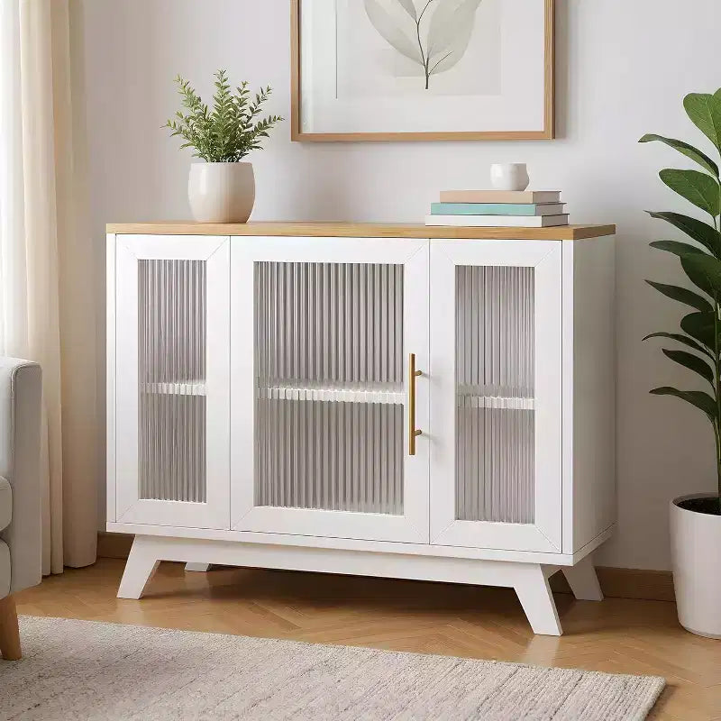 Acekool 35.8 Buffet de salle à manger blanc pur, portes en verre cannelé, poignées dorées, étagère réglable, console pour cuisine et salon